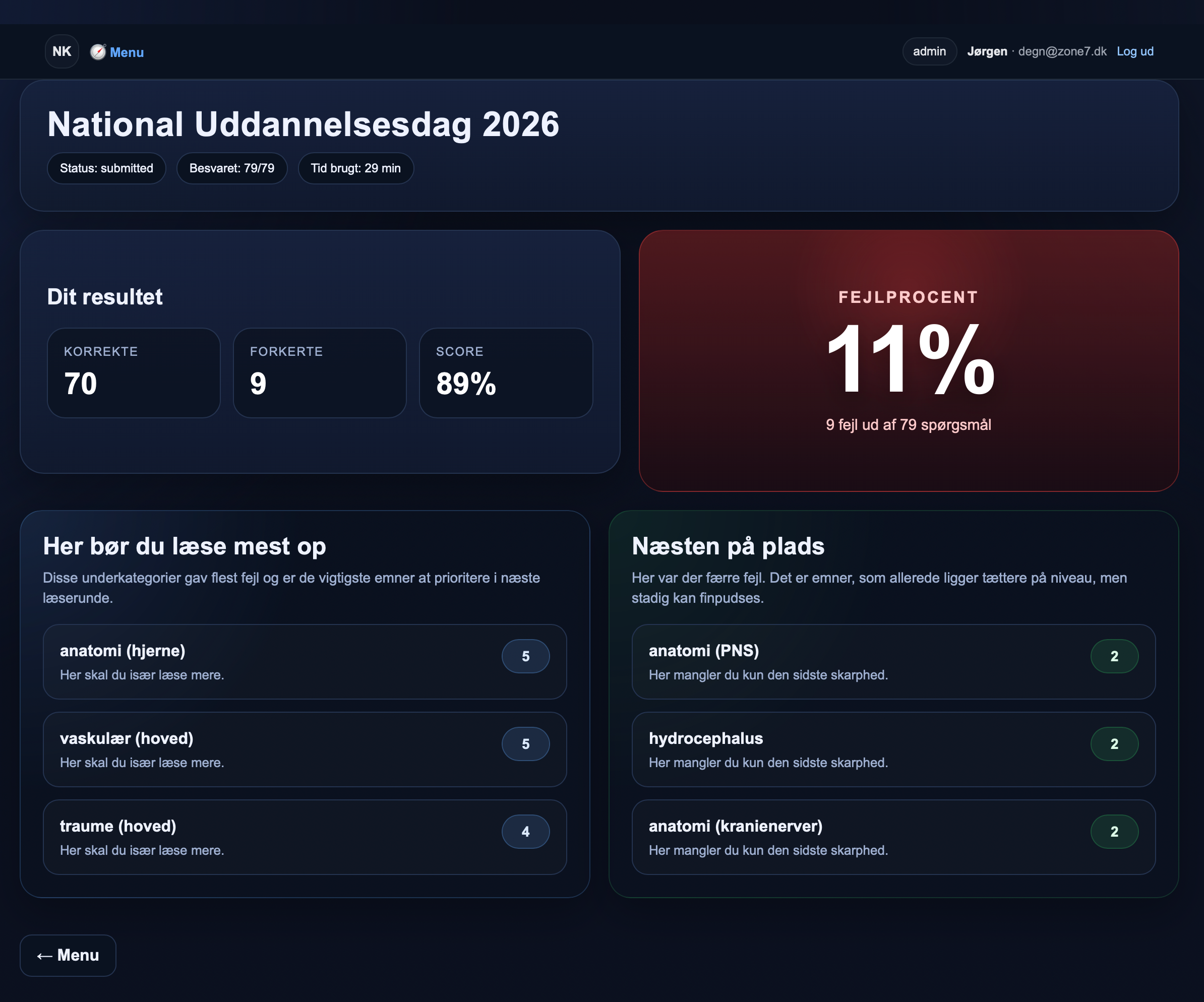 Eksempel på resultatsiden i NK-Test