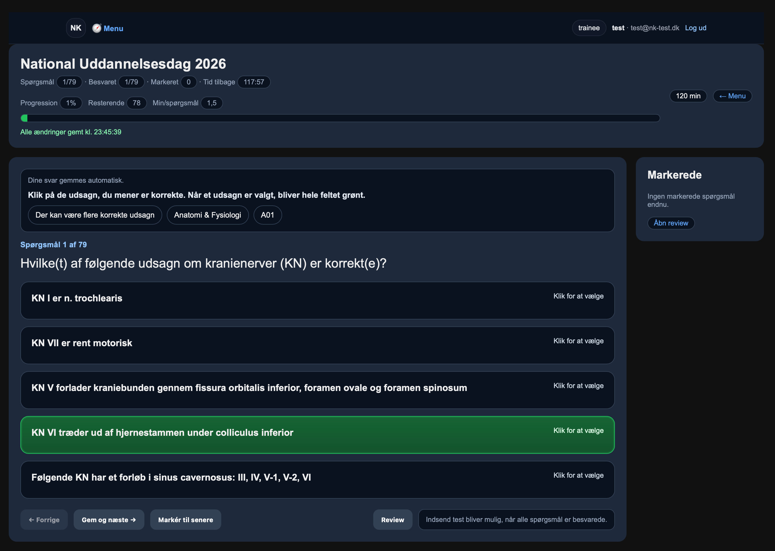 Eksempel på testskærmen i NK-Test